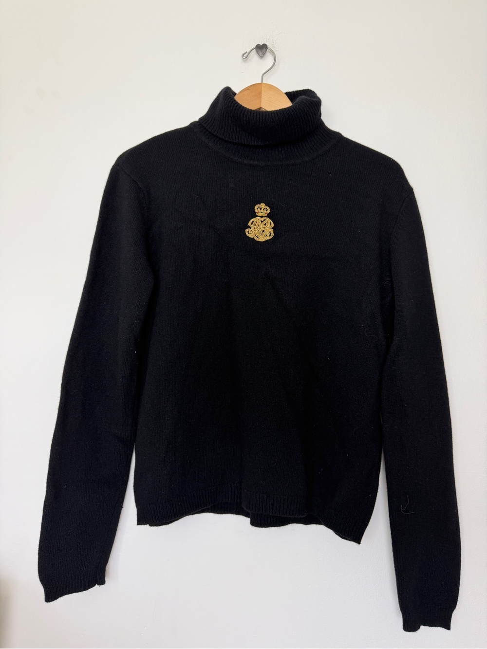 Lauren Ralph Lauren Black Turtleneck Sweater with Gold Crest 90s